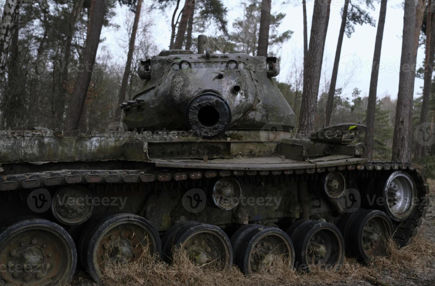 Looing down the barrel of a tank from the second World War in a forest in Western Germany photo