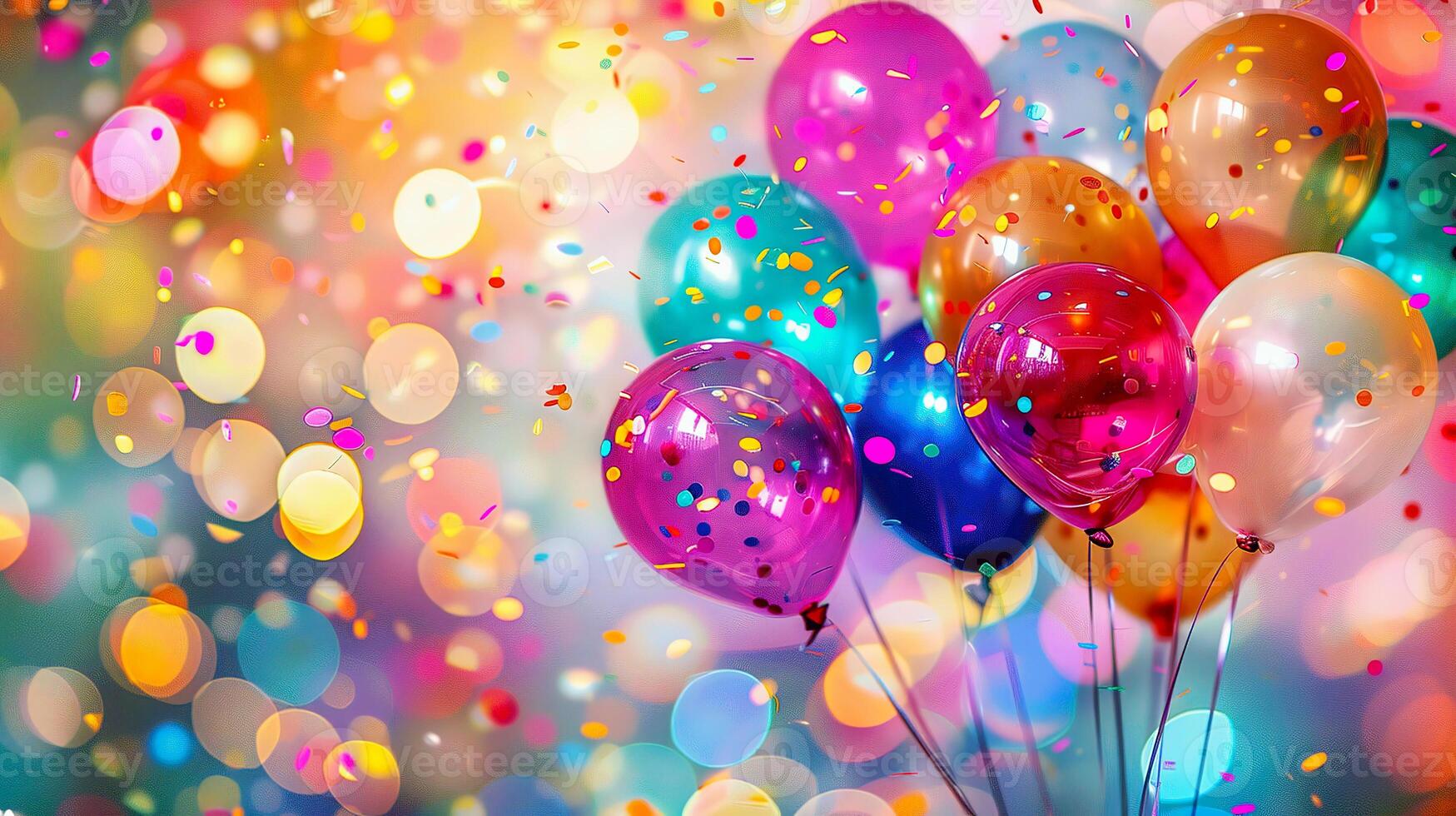 Colorful balloons and confetti create a vibrant celebration scene with blurred festive lights in the background, perfect for parties and special events. photo