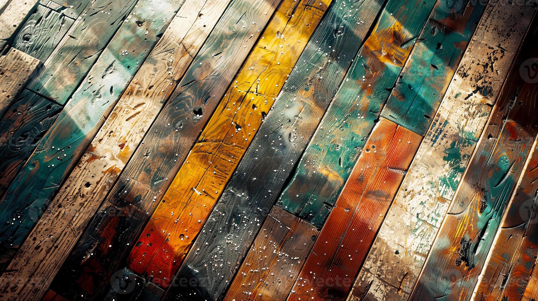Colorful wooden planks with unique textures and patterns, showcasing an artistic blend of vibrant hues and weathered charm. photo