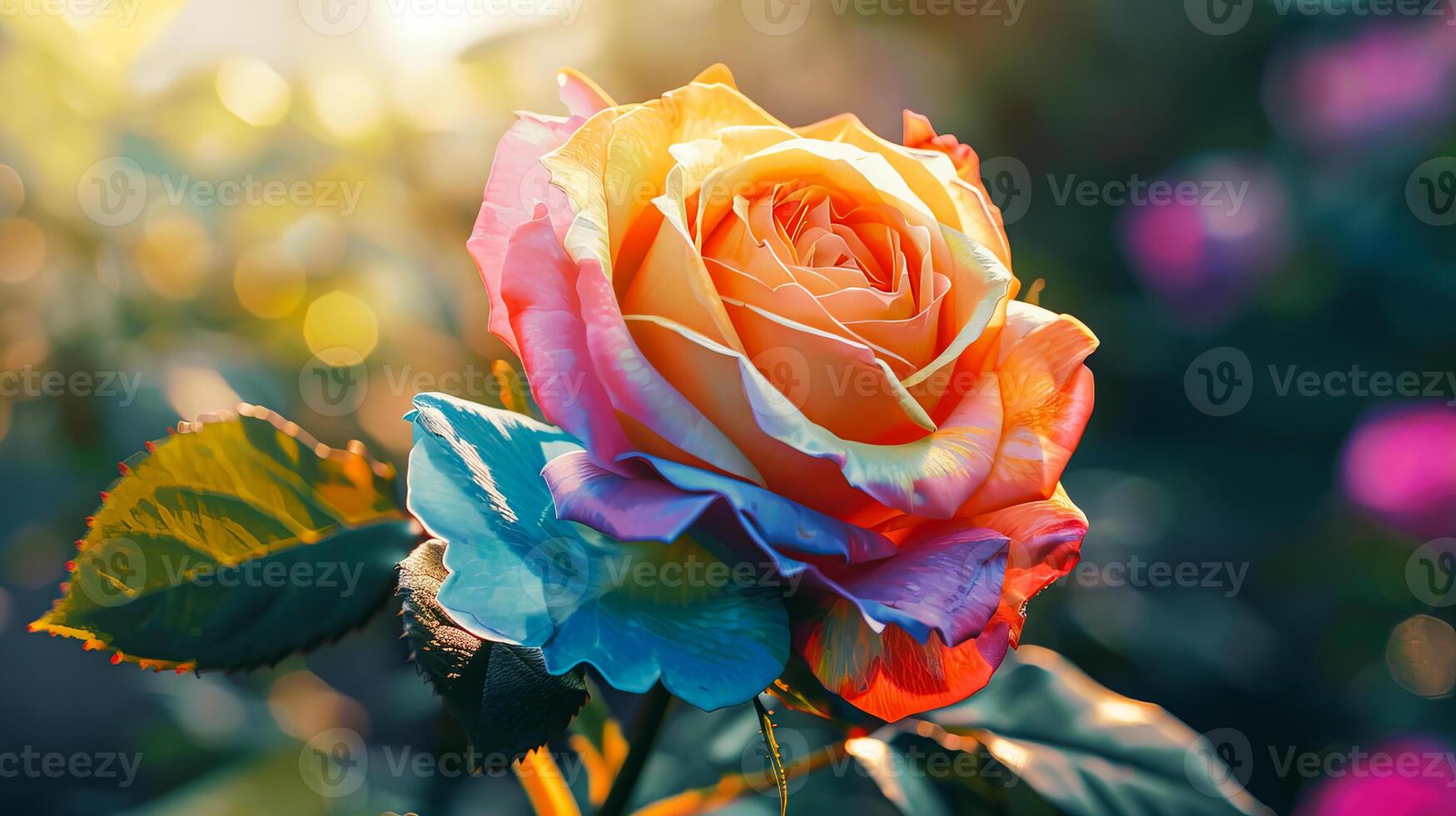 A vibrant multicolored rose in full bloom bathed in soft sunlight, creating a captivating and serene garden scene. photo