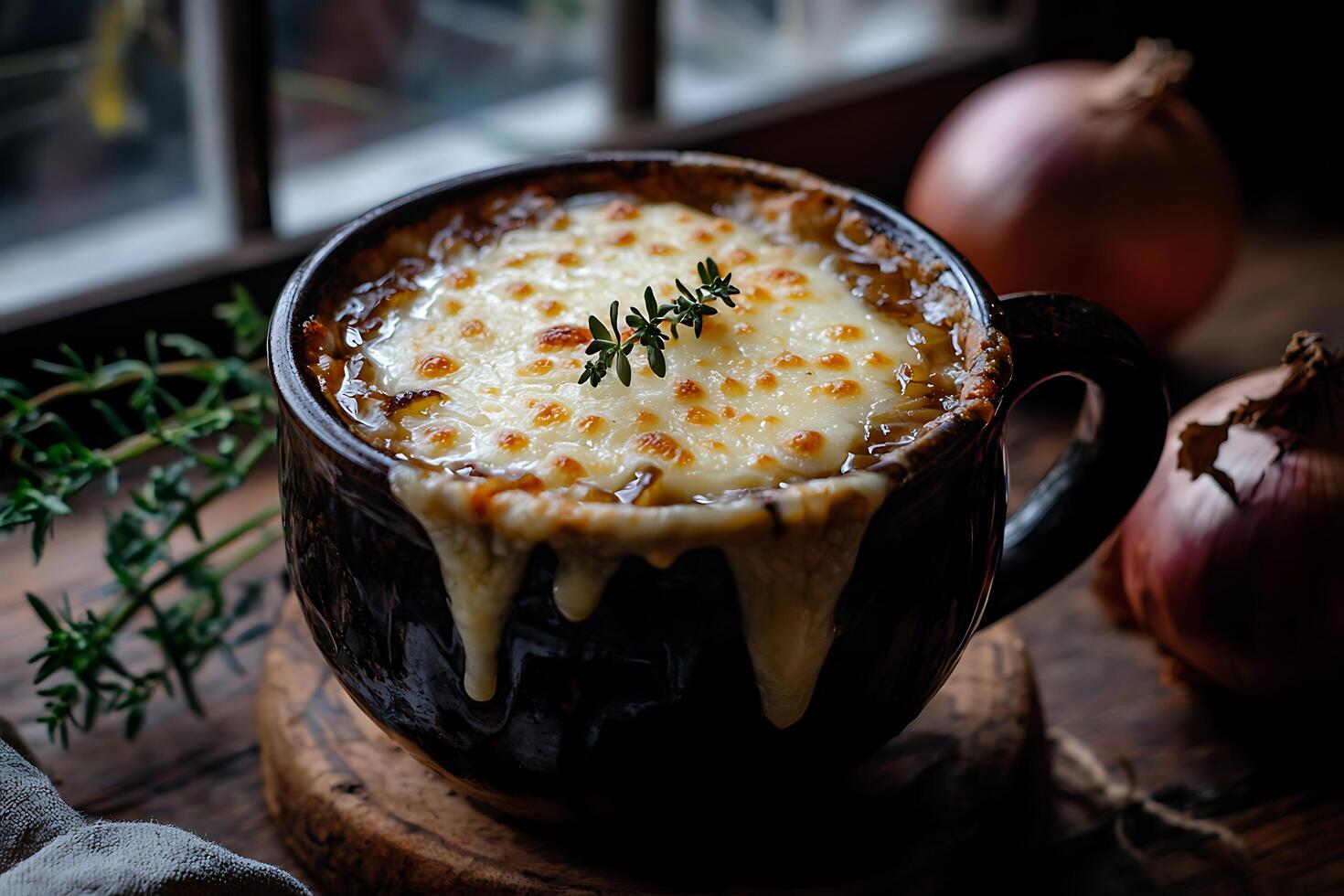 A mug of soup with cheese and herbs photo