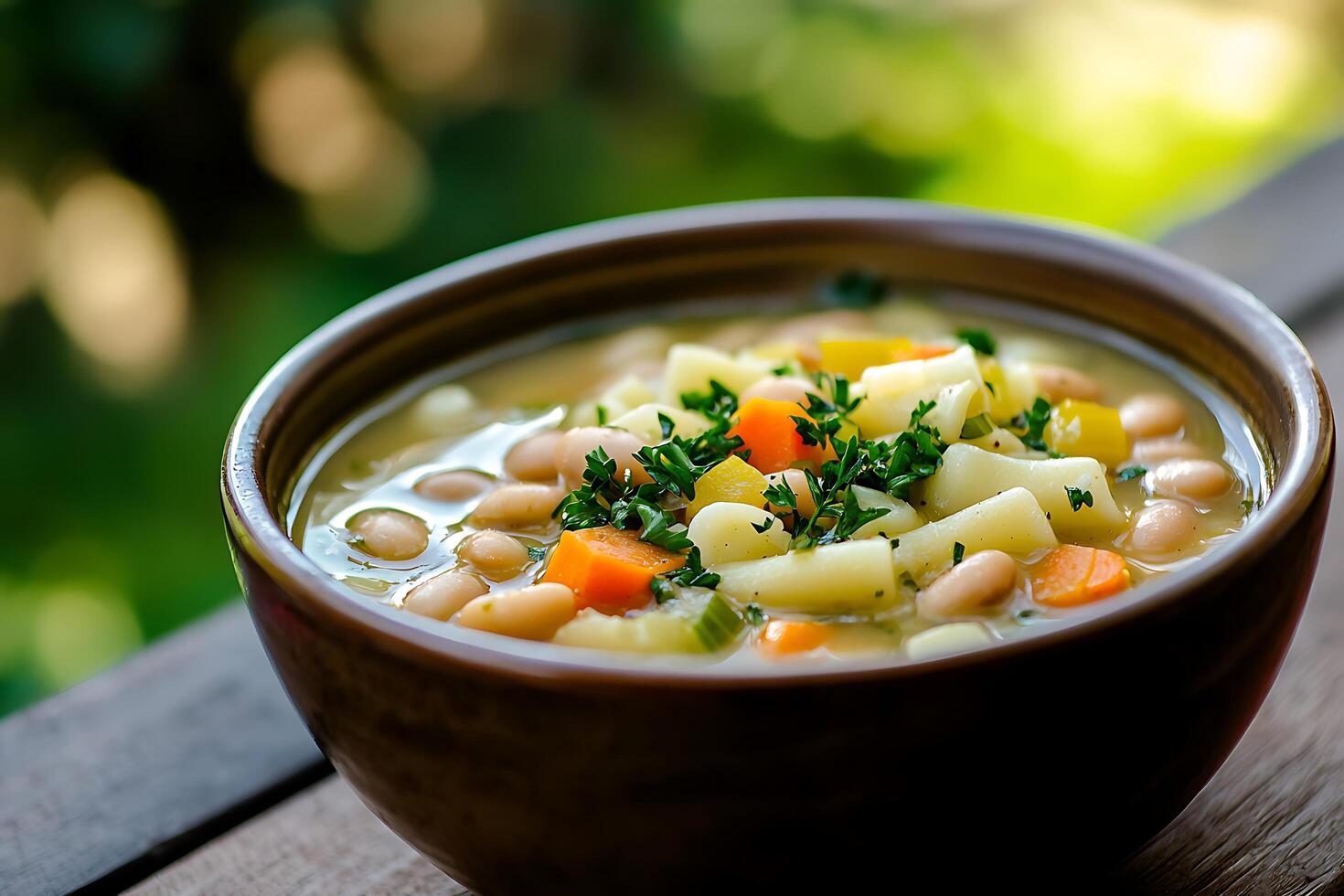 A bowl of soup on a table photo