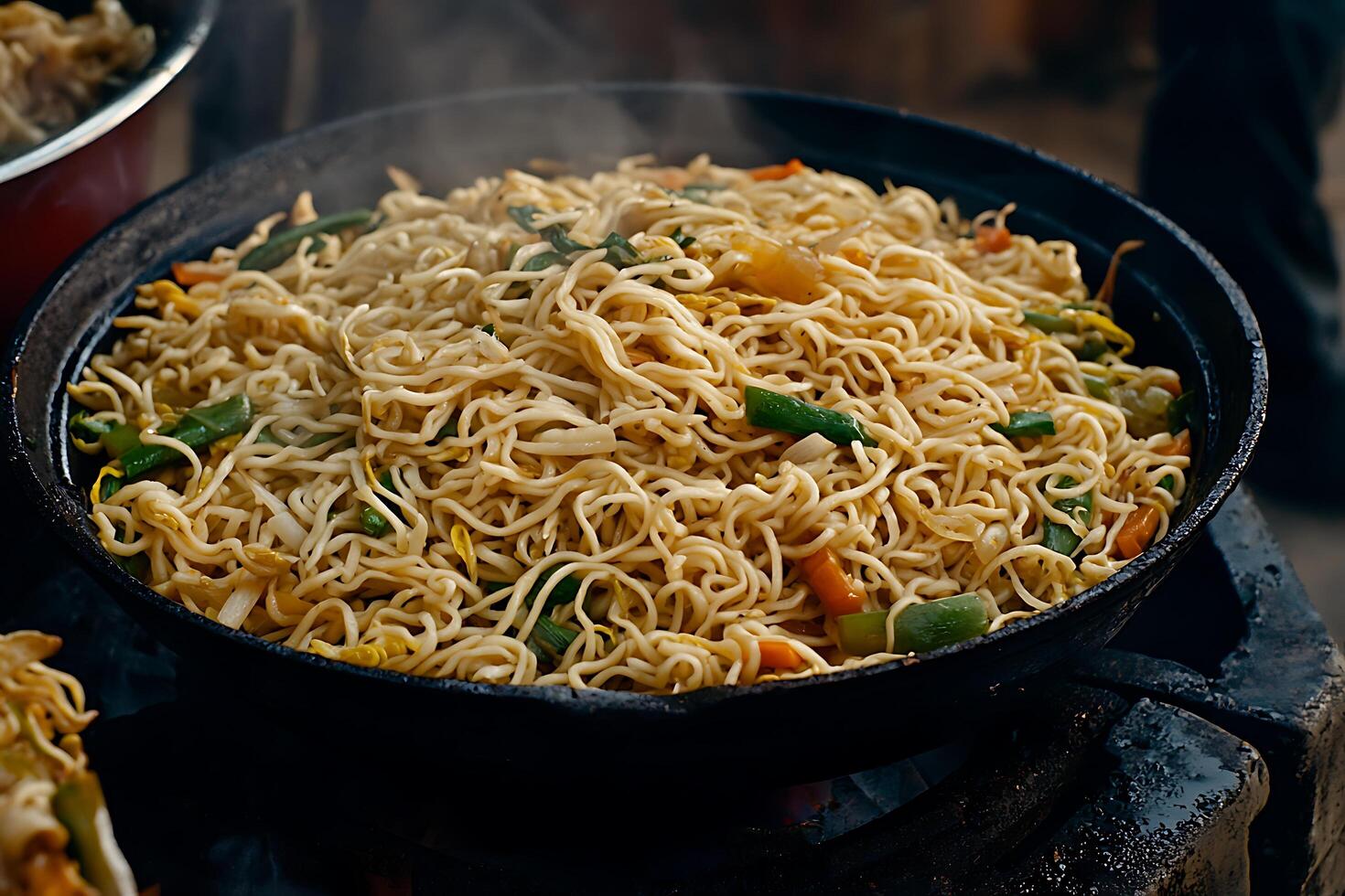 A large pan with noodles and vegetables photo