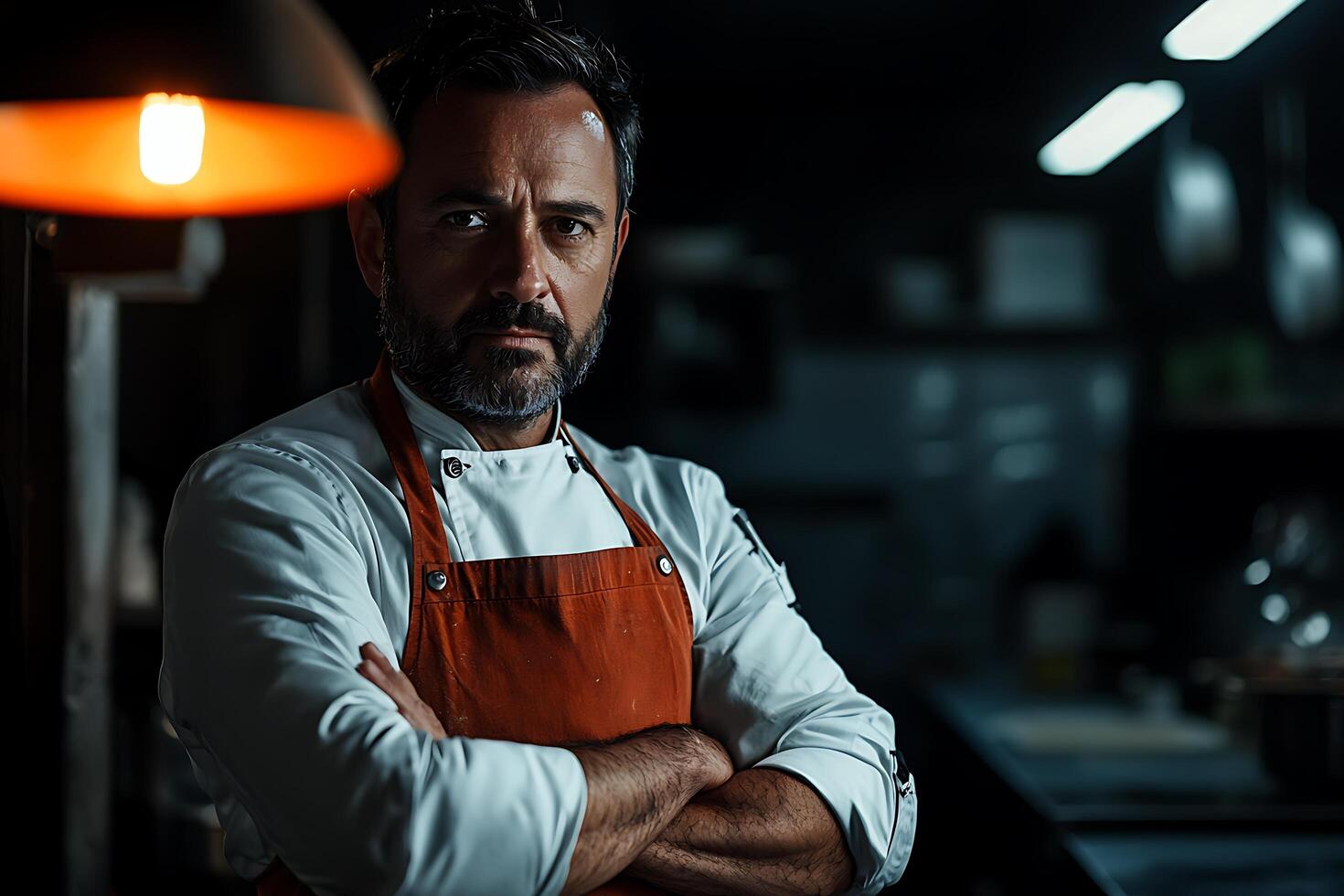 A man with an apron standing in a kitchen photo