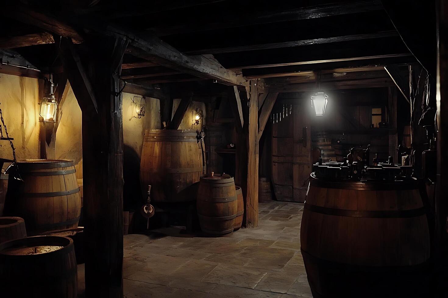 A dark room with wooden barrels and lights photo