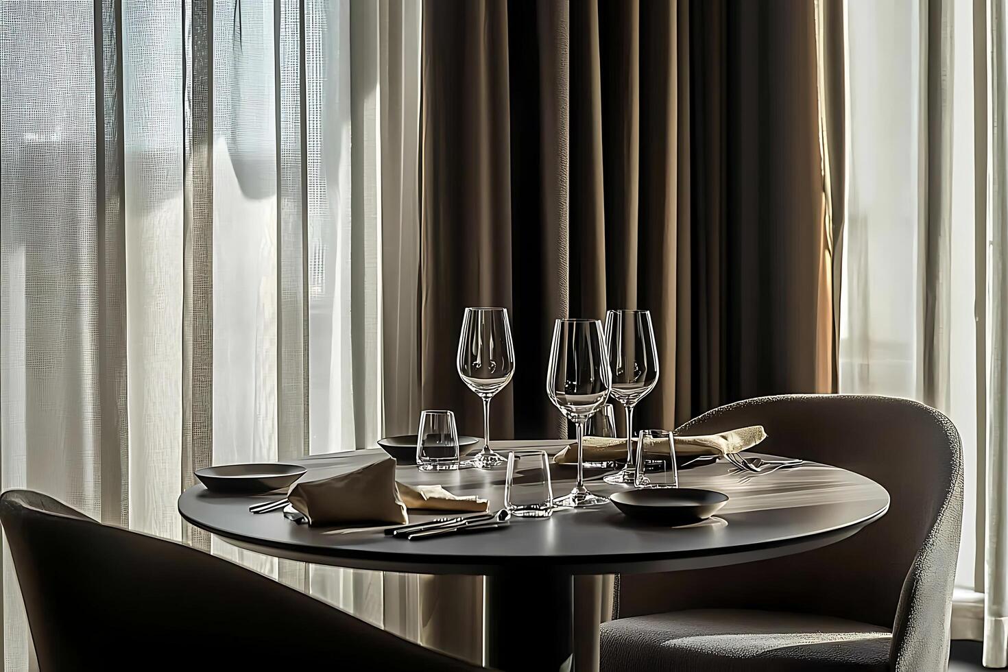 A table with two chairs and a glass of wine photo