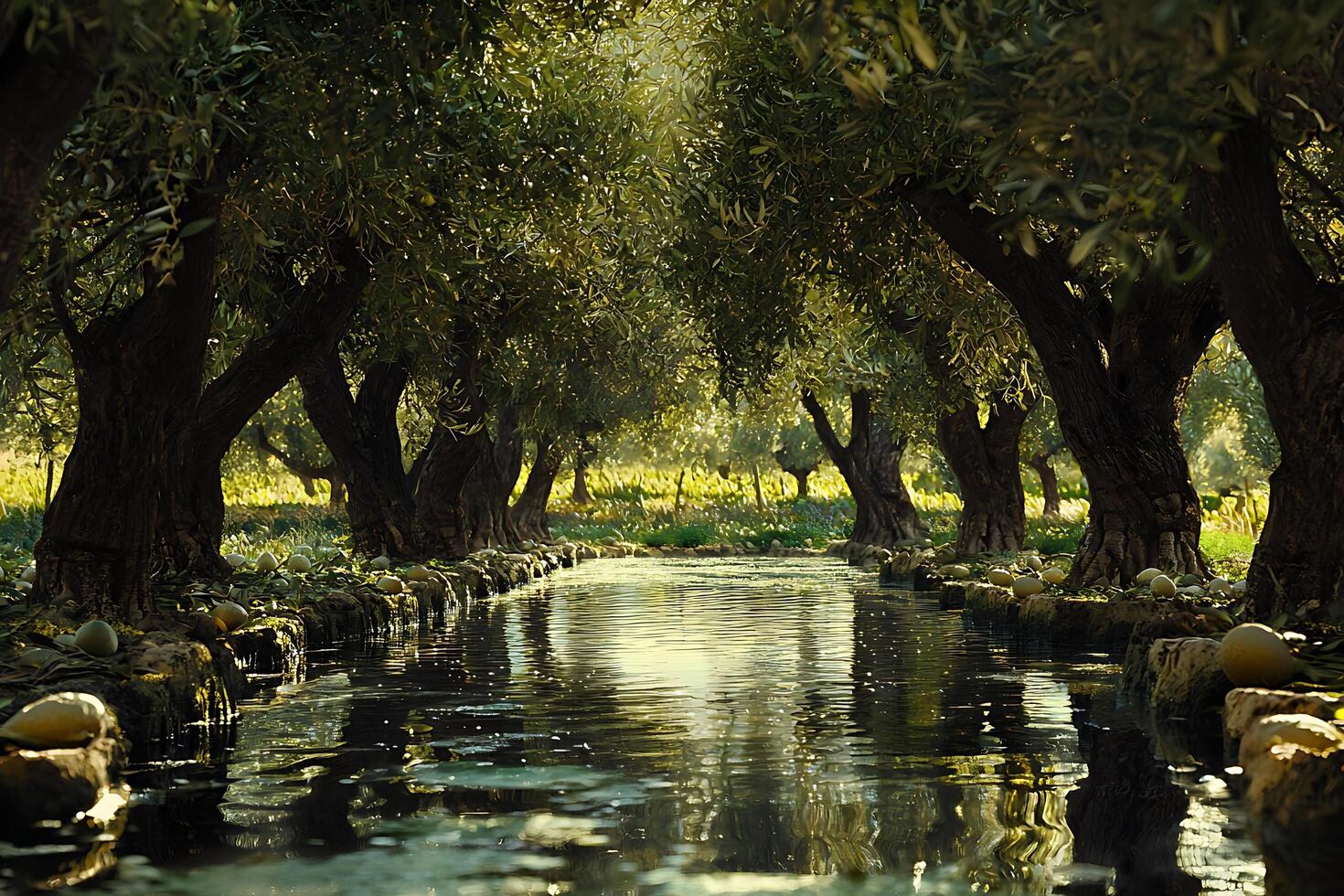 A river running through a park with trees photo