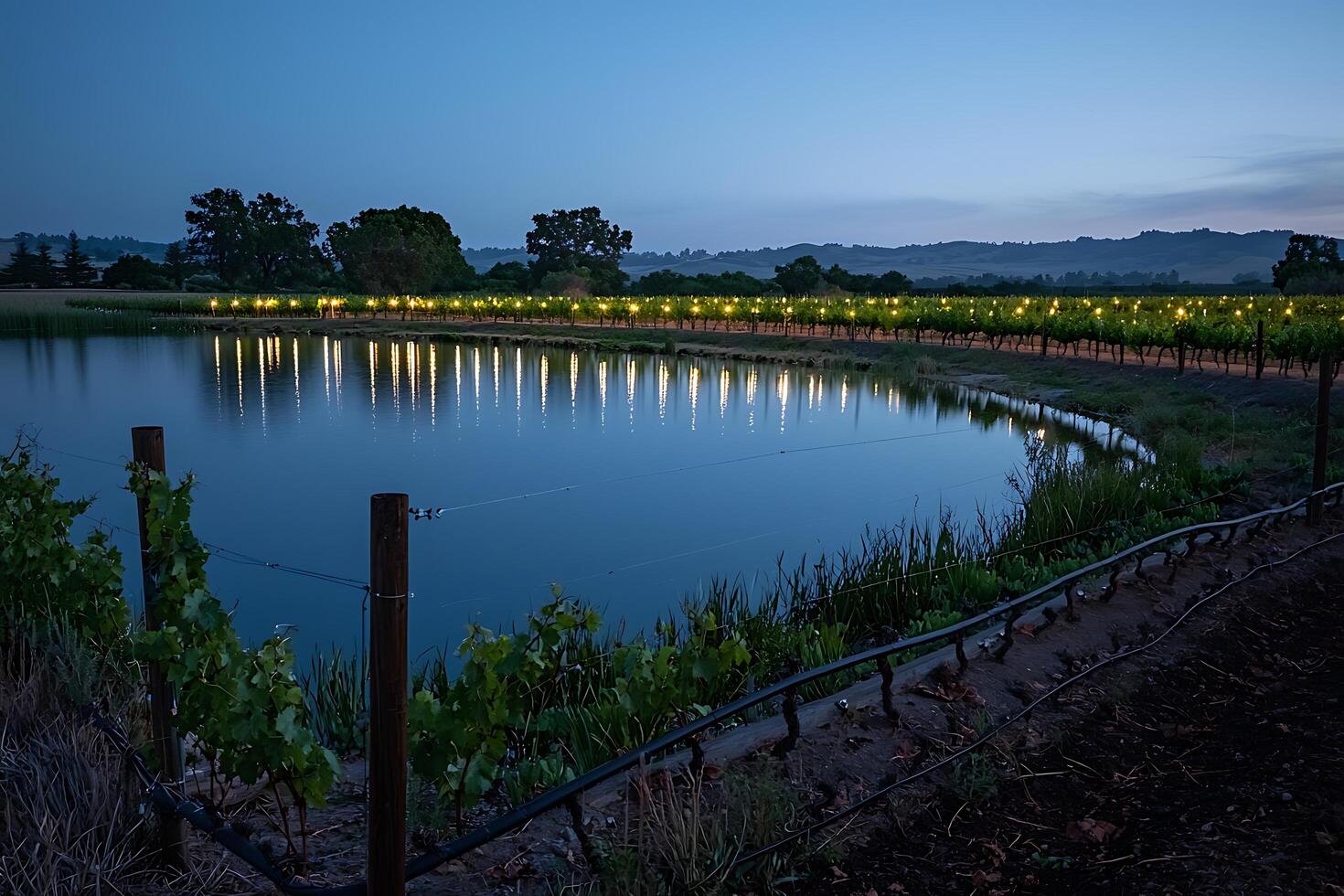 A pond with lights on the side of it at dusk photo