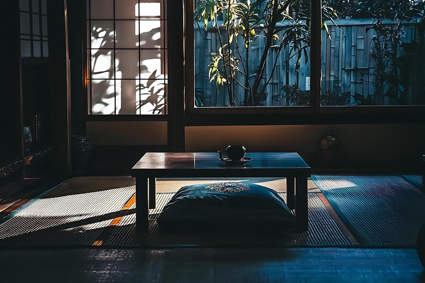 A table and a rug in front of a window photo
