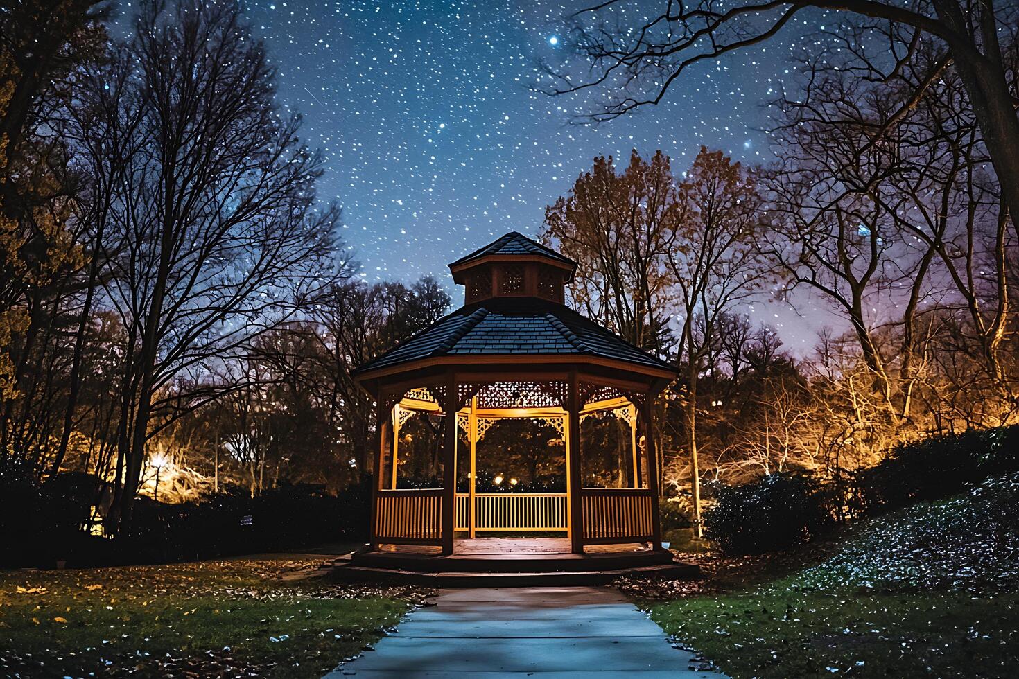 A gazebo in the middle of a park at night photo