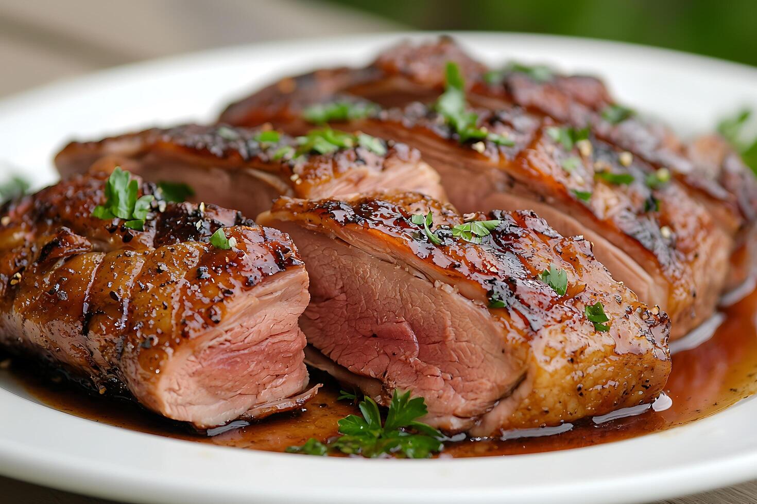 A plate of meat with sauce and herbs on it photo