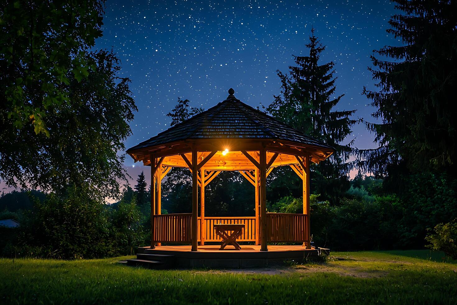 A gazebo lit up at night photo