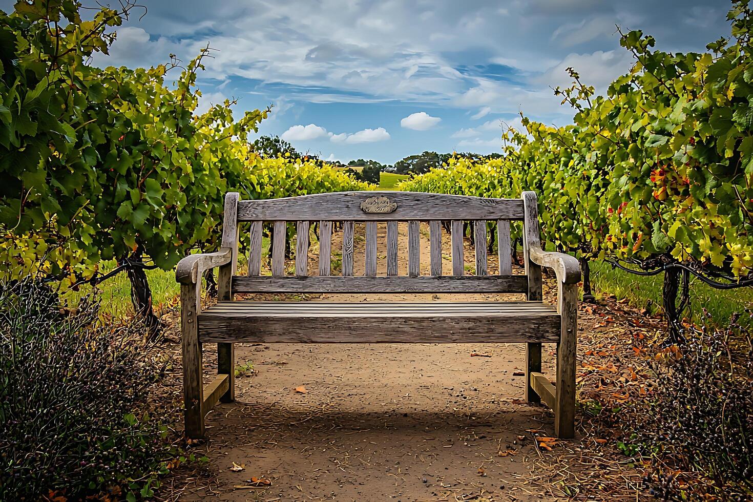 A bench in a vineyard photo