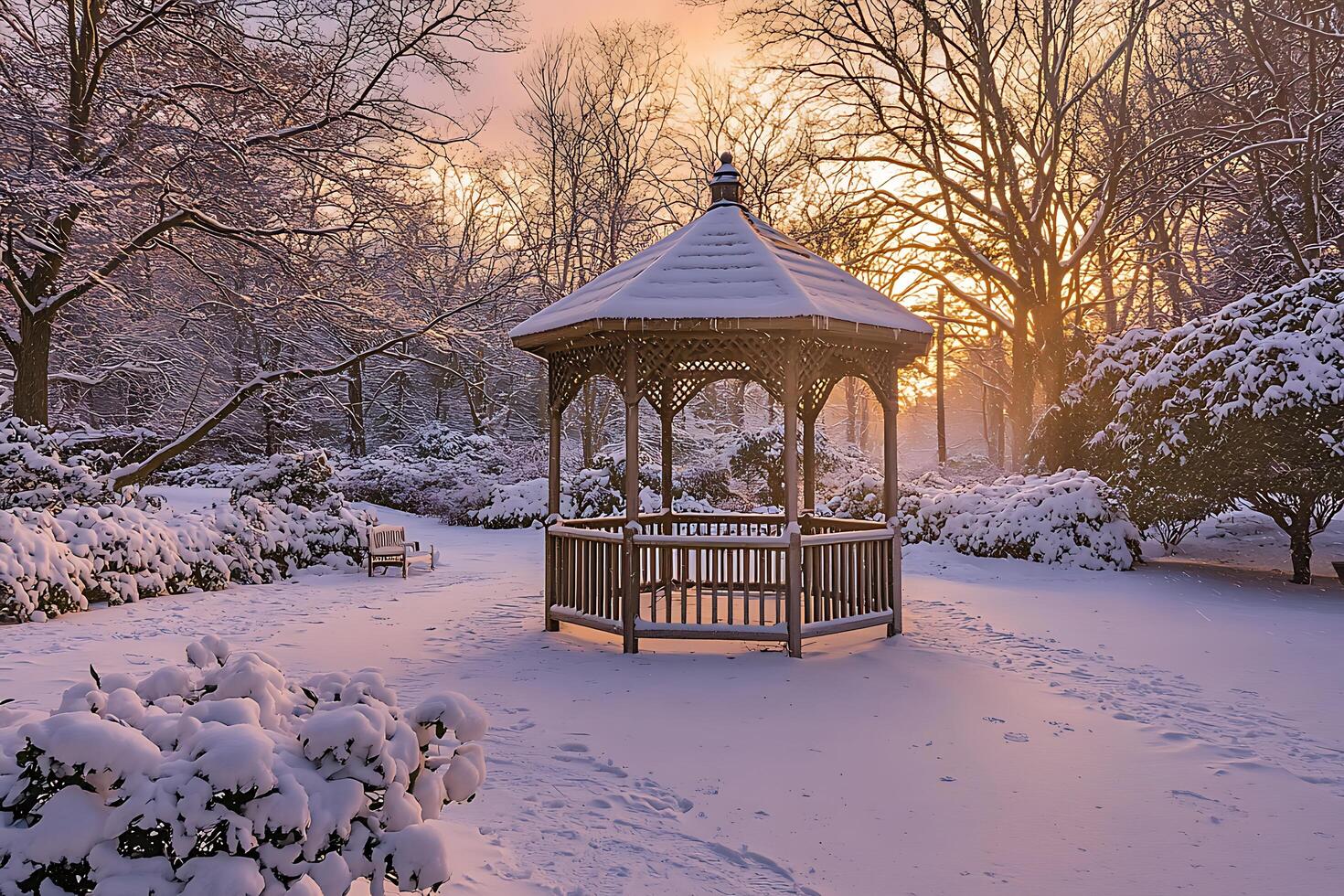 A gazebo in a snowy park at sunset photo