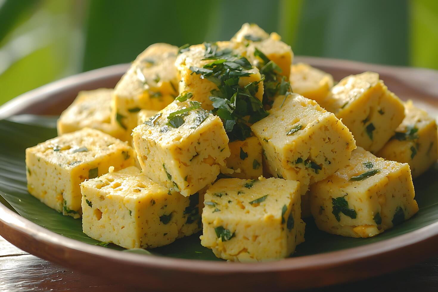 A plate of tofu cubes with herbs on top photo