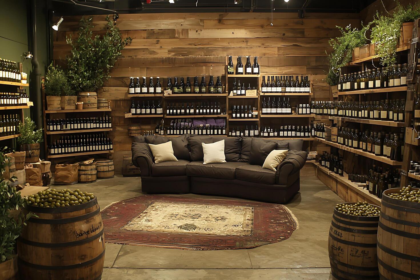 A store with a couch and a lot of wine photo