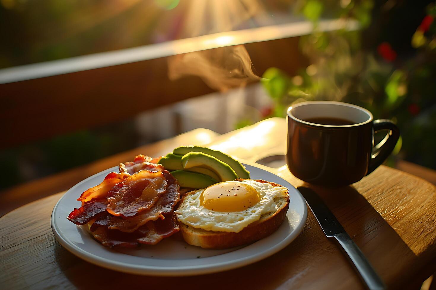 A plate of food with an egg, bacon, avocado and toast photo
