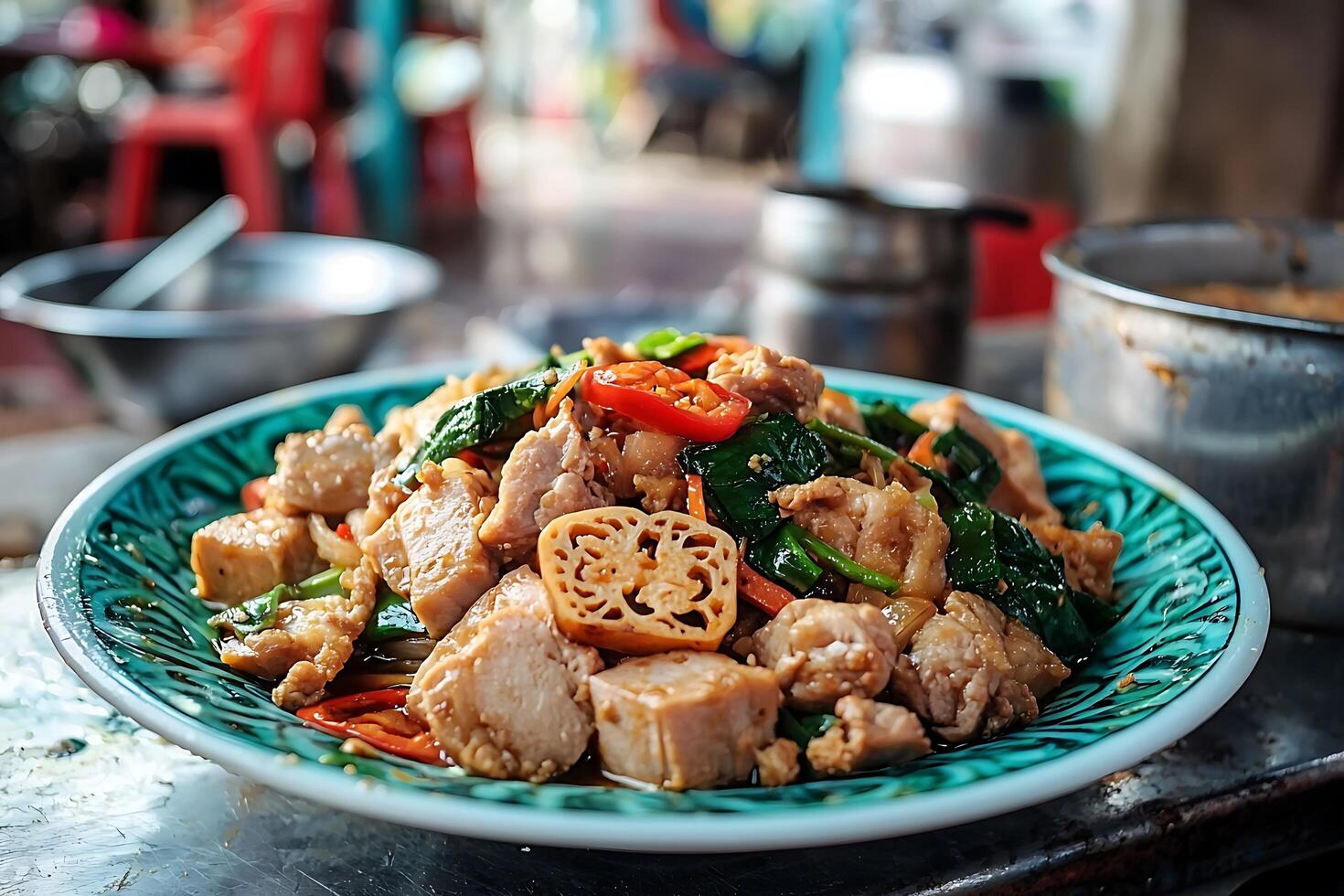 A plate of food with meat and vegetables on it photo