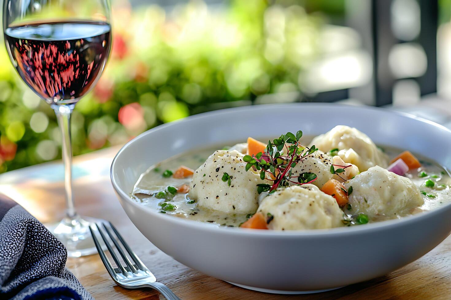 A bowl of soup with dumplings and carrots photo
