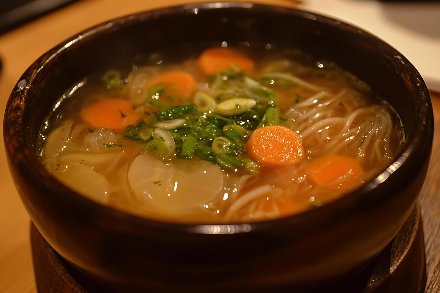 A bowl of soup with carrots and other vegetables photo