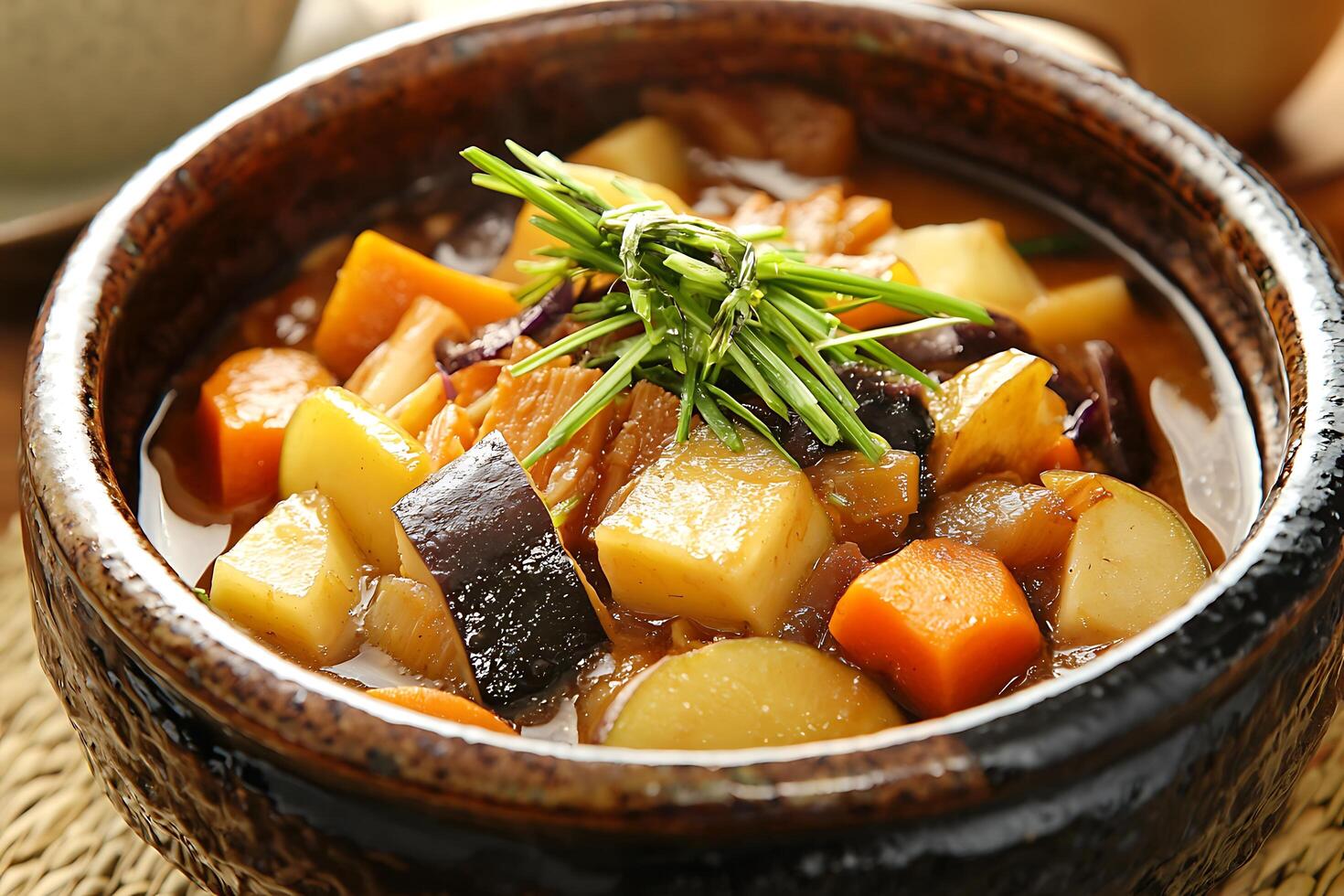 A bowl of stew with vegetables and herbs photo