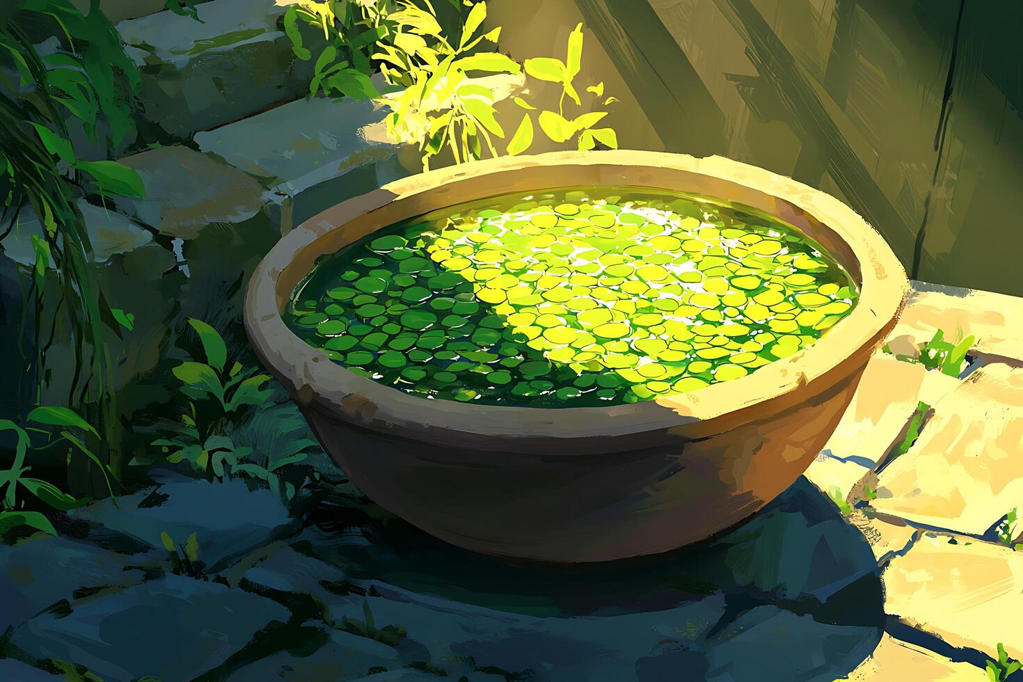 A pot filled with green plants sitting on a stone path photo