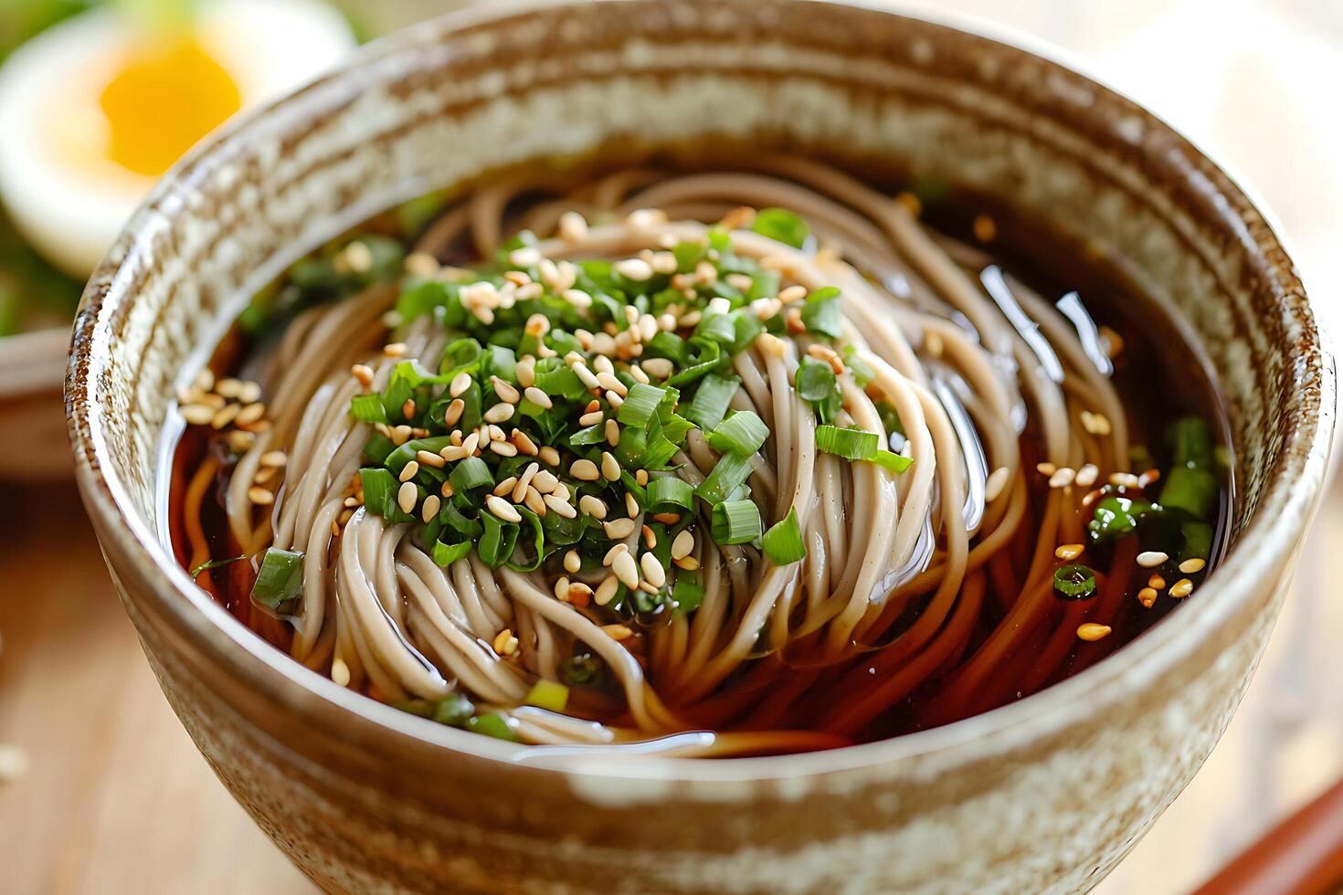 A bowl of noodles with a spoon and chopsticks photo