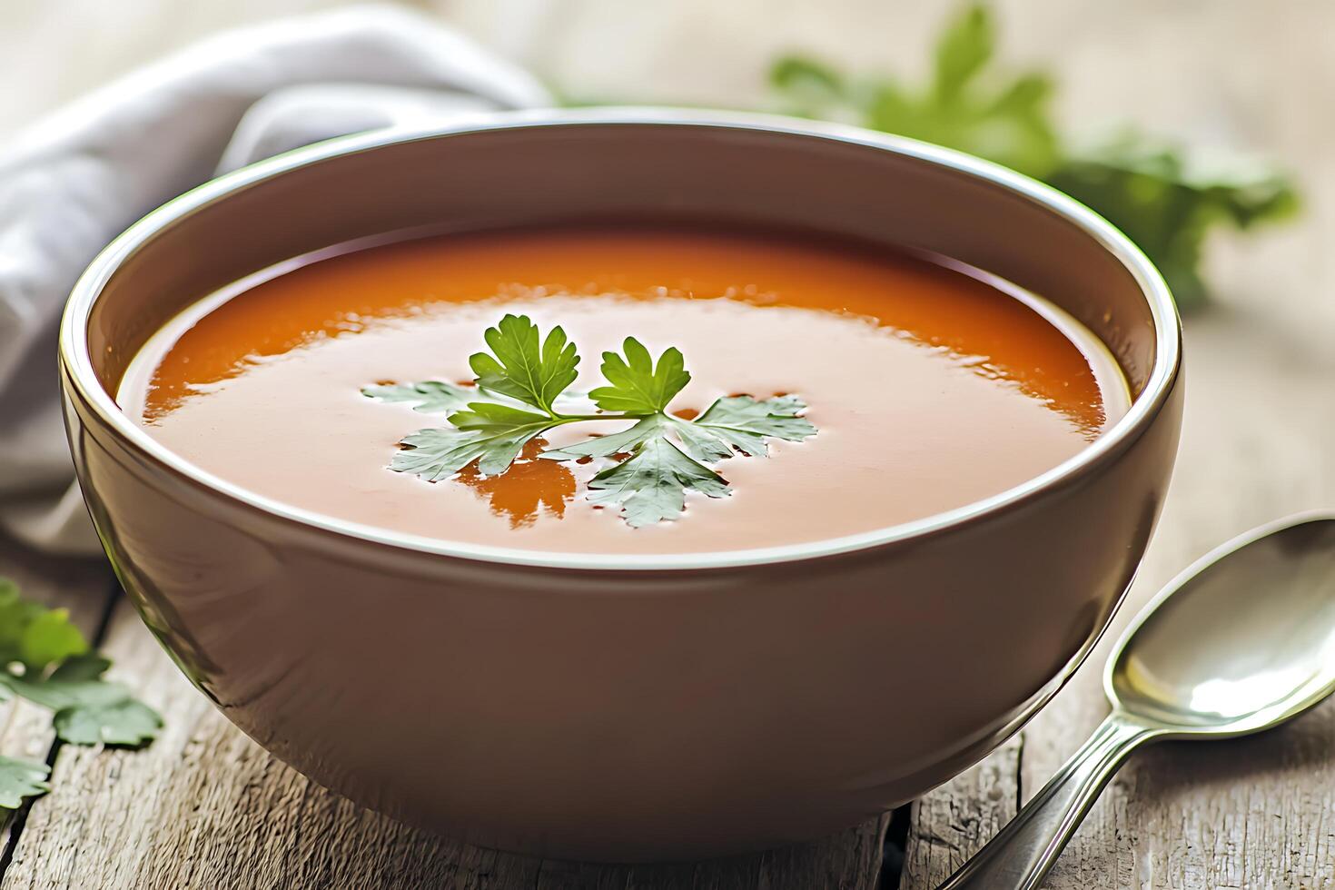 A bowl of soup with a spoon on a table photo