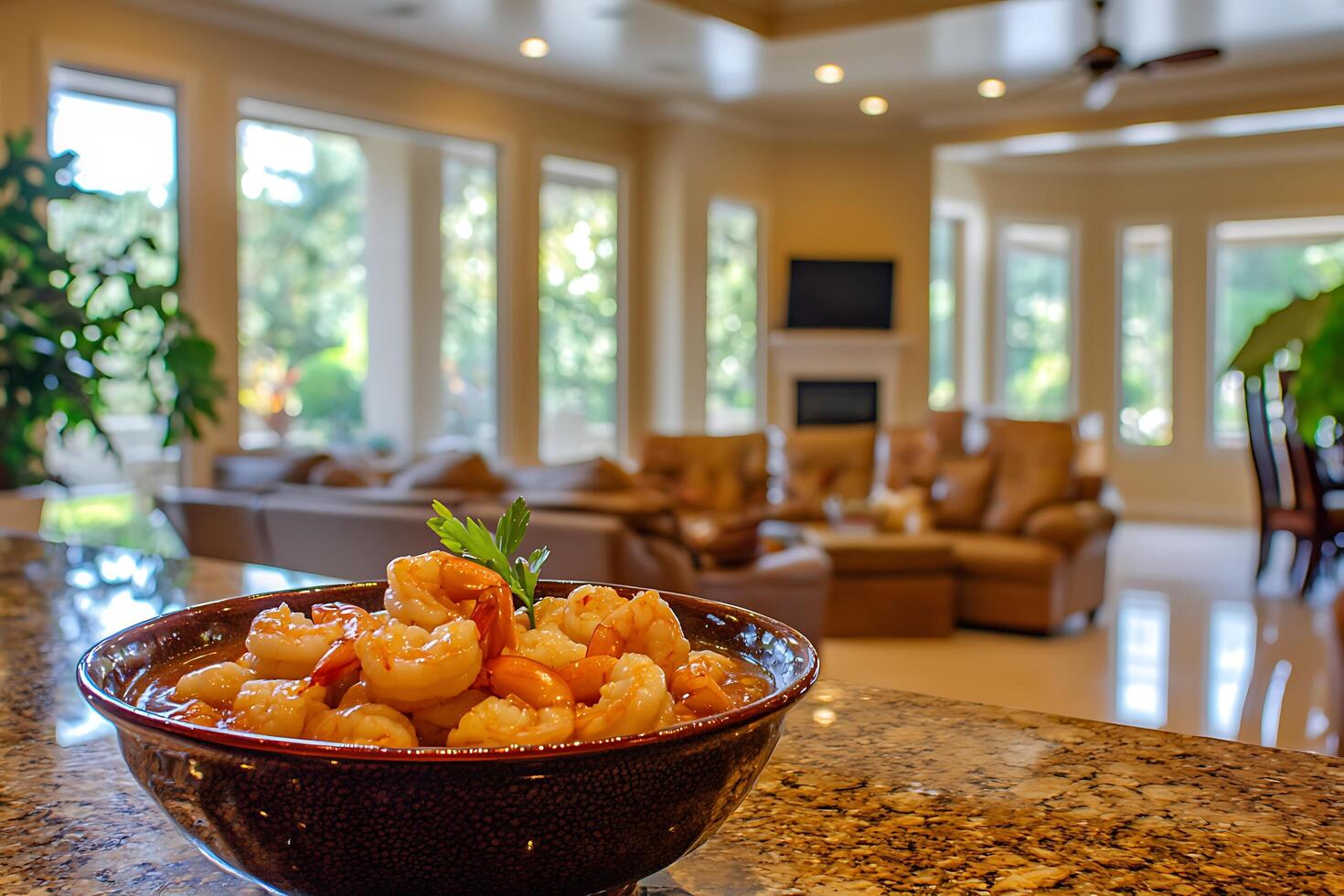 A bowl of food sitting on a counter top photo