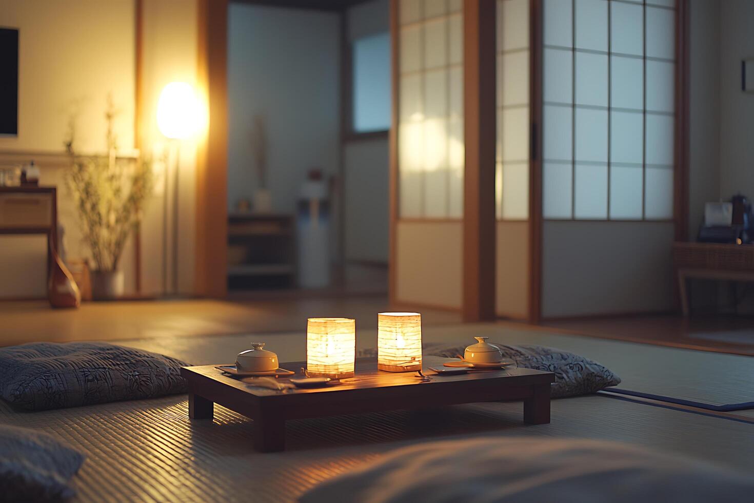 A room with a table and two lamps on it photo