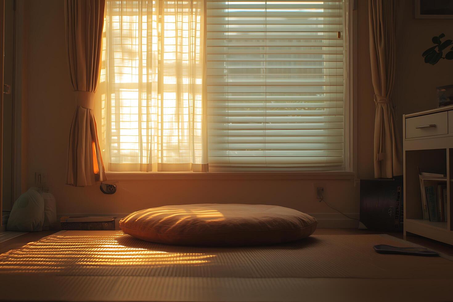 A large round cushion sitting on a floor in front of a window photo