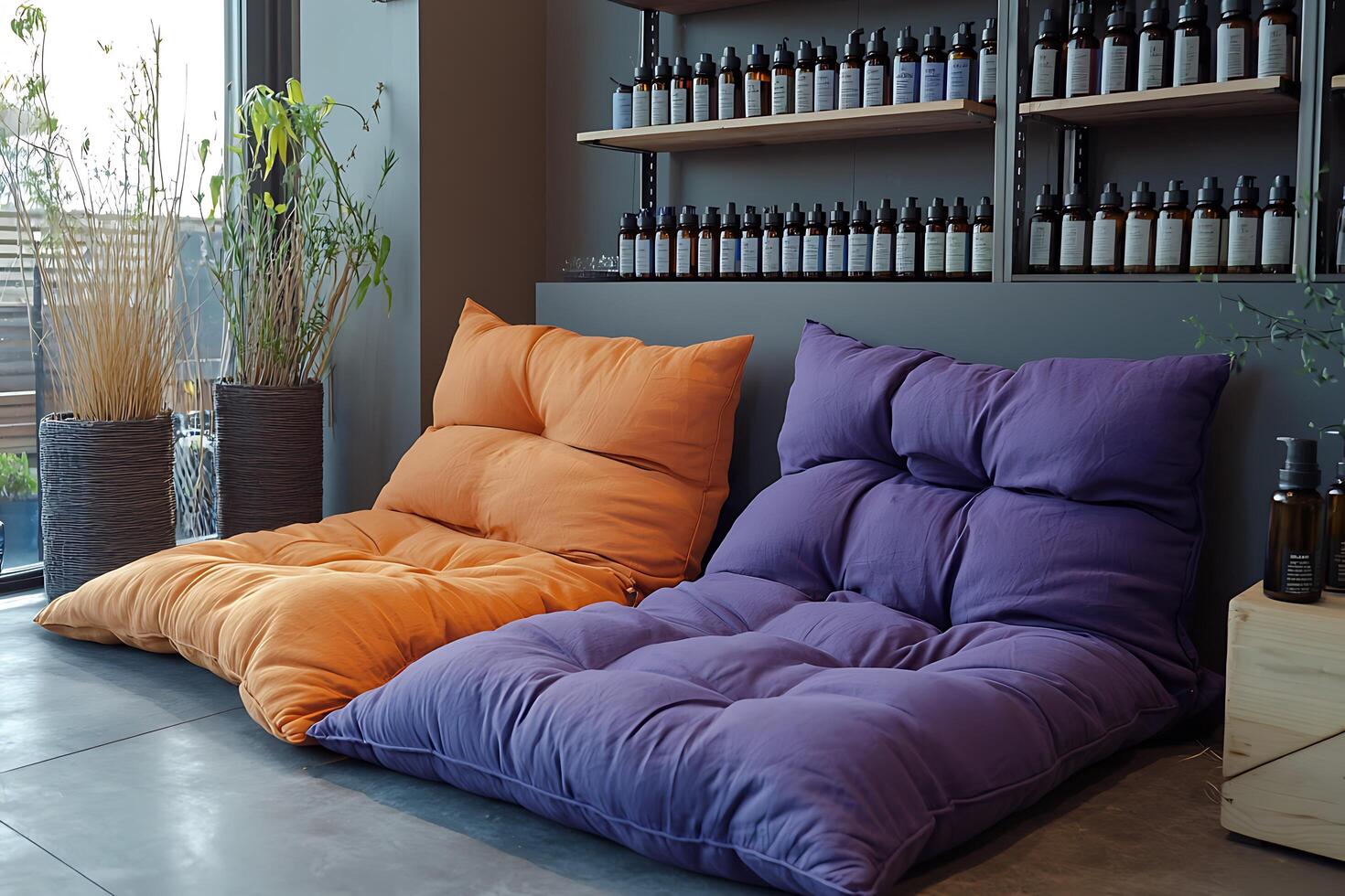 A pair of purple and orange bean bags sitting on a floor photo