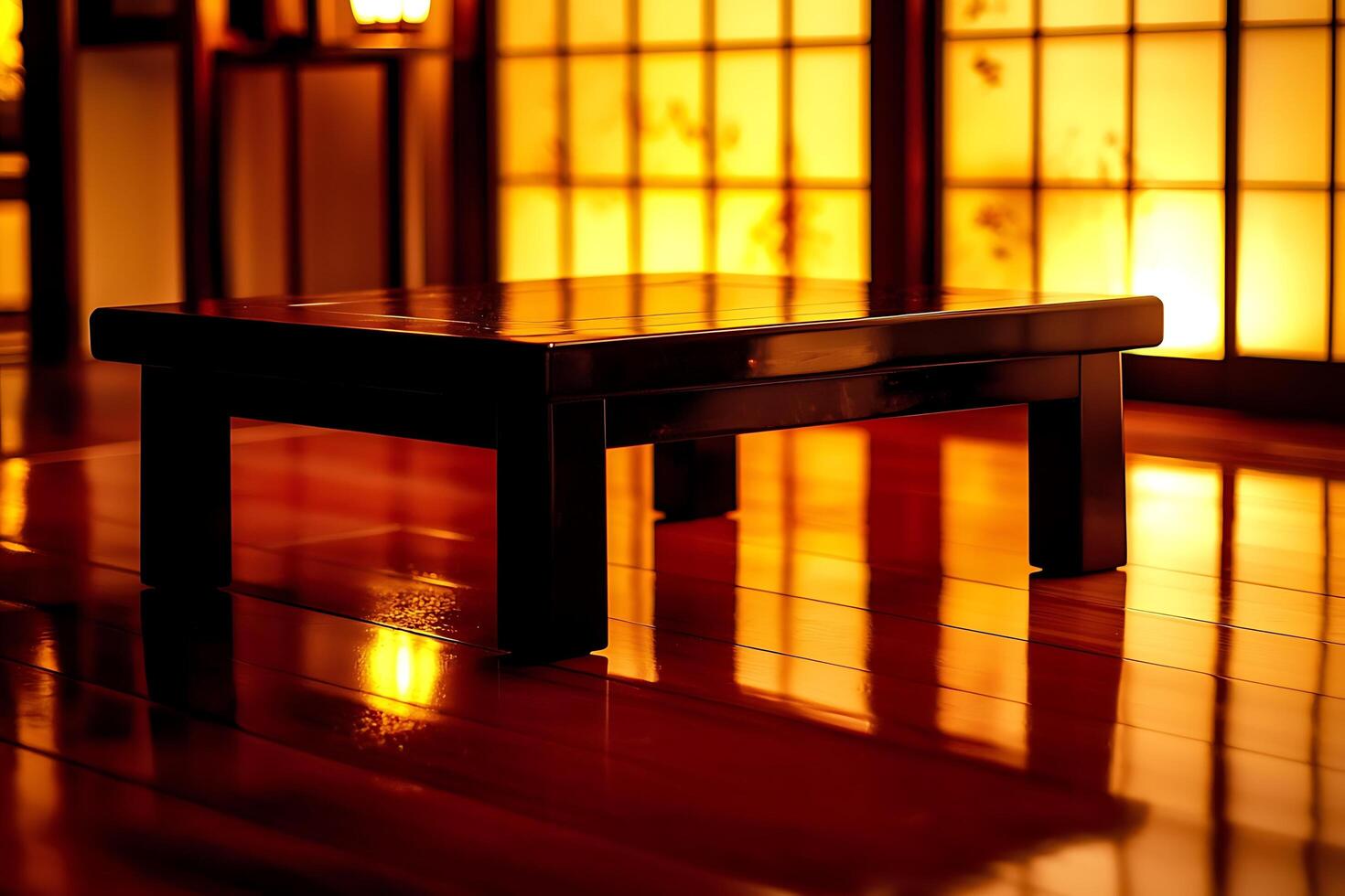 A table with a lamp on it sitting on a hardwood floor photo
