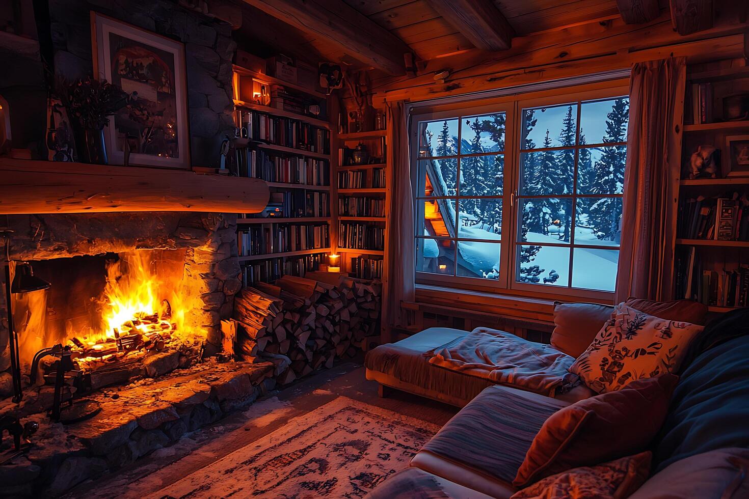 A cozy living room with a fireplace and a window photo