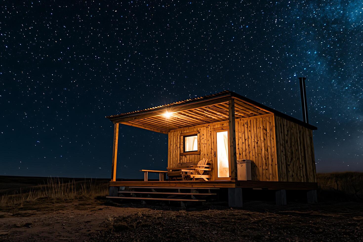 A small cabin lit up at night under a starry sky photo