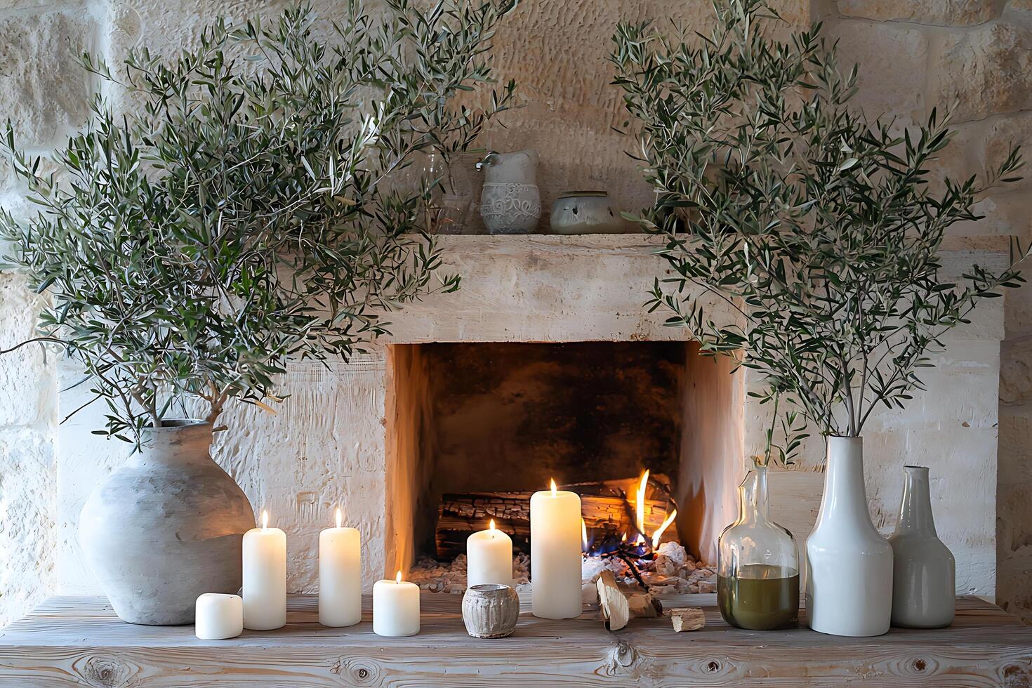 A fireplace with candles and plants sitting on it photo
