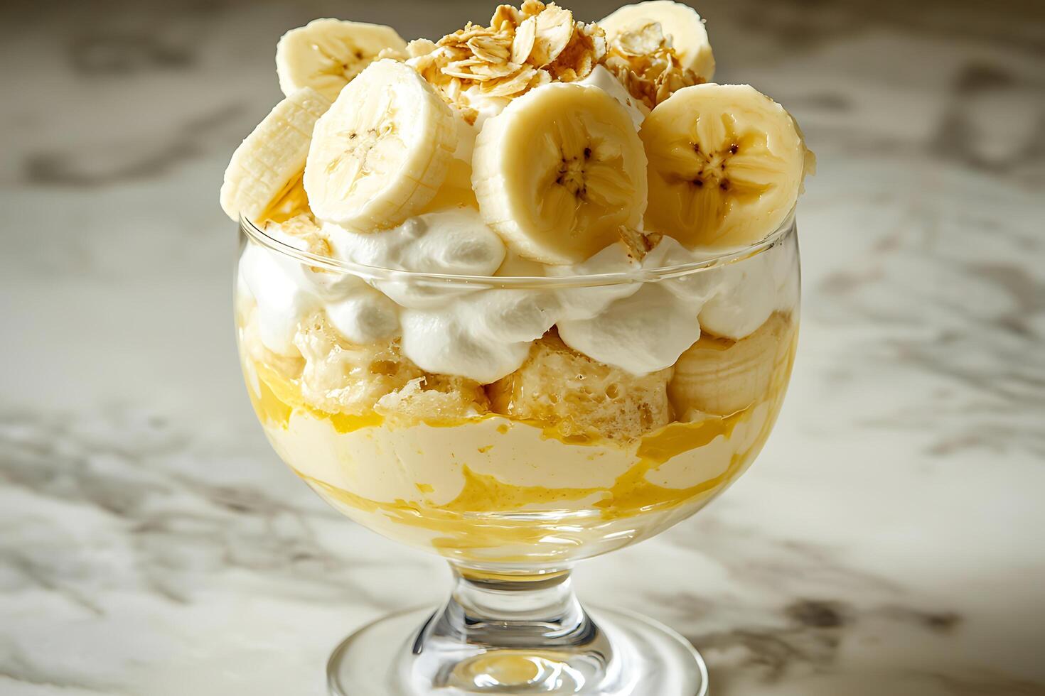 Delicious Banana Cream Dessert in Glass Bowl. A close-up shot of a layered banana cream dessert with oat topping. photo