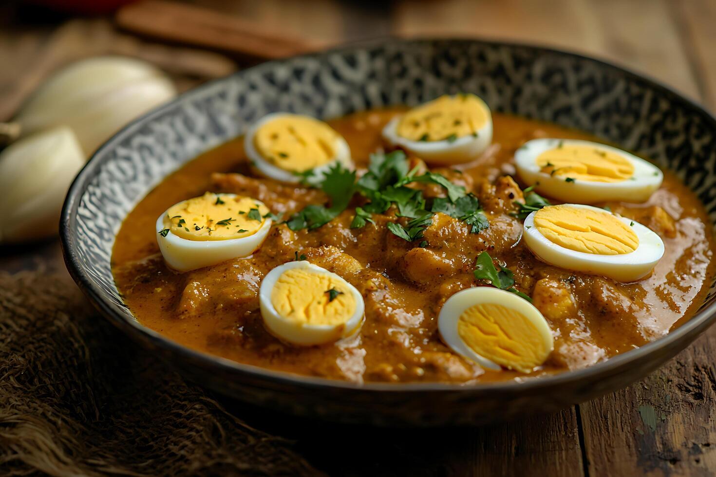 Delicious Egg Curry in a Rustic Bowl Close-up of Aromatic Indian Cuisine. photo