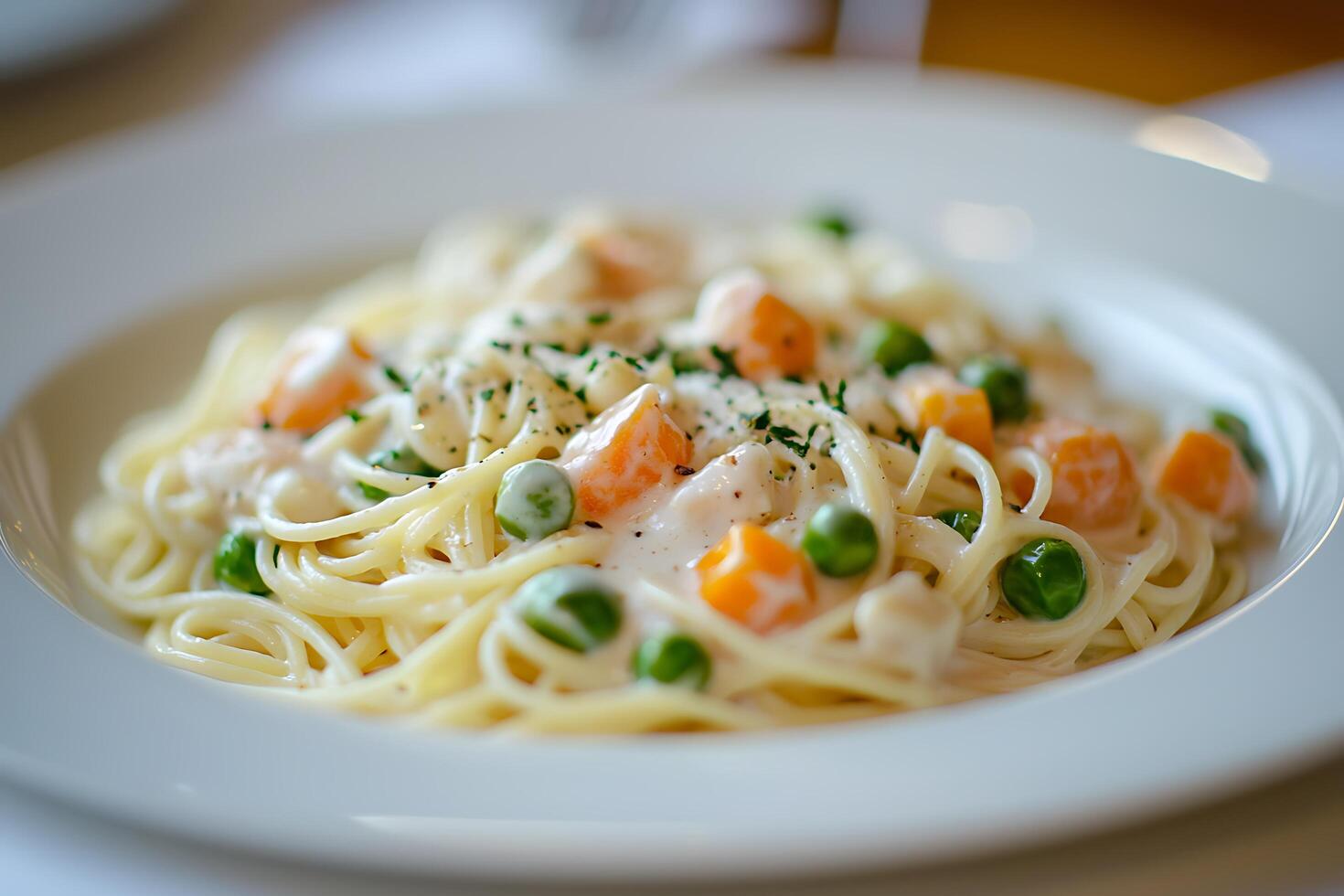 Creamy Pasta with Carrots and Peas A Close-Up of a Delicious Dish. photo
