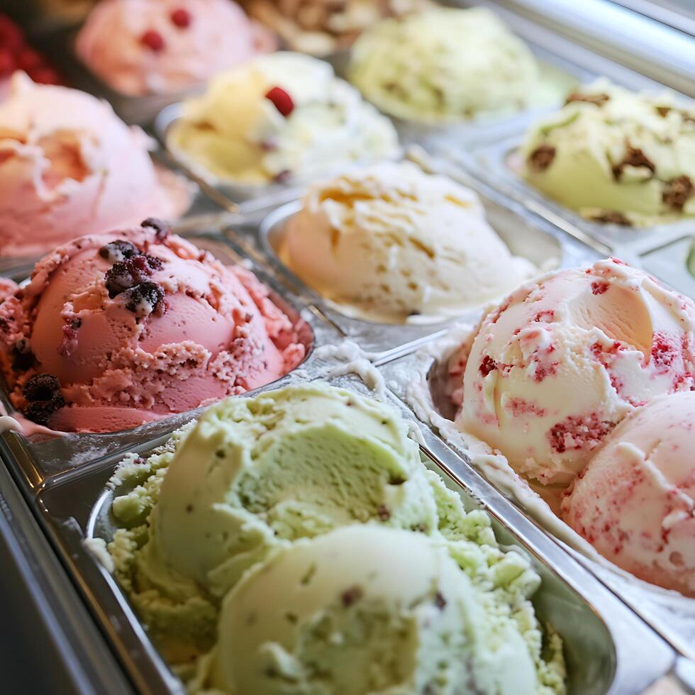 Delicious Assortment of Ice Cream Flavors in Display Case. A close-up shot showcasing various creamy ice cream scoops in metallic containers. photo