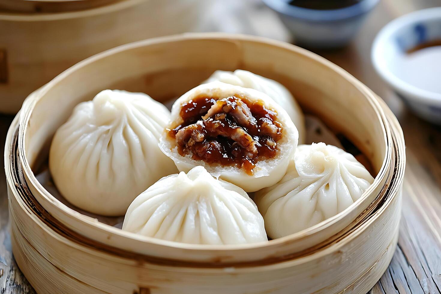 Delicious Steamed Buns with Savory Filling in Bamboo Steamer. A close-up shot of fluffy baozi, showcasing their texture and flavorful filling. photo