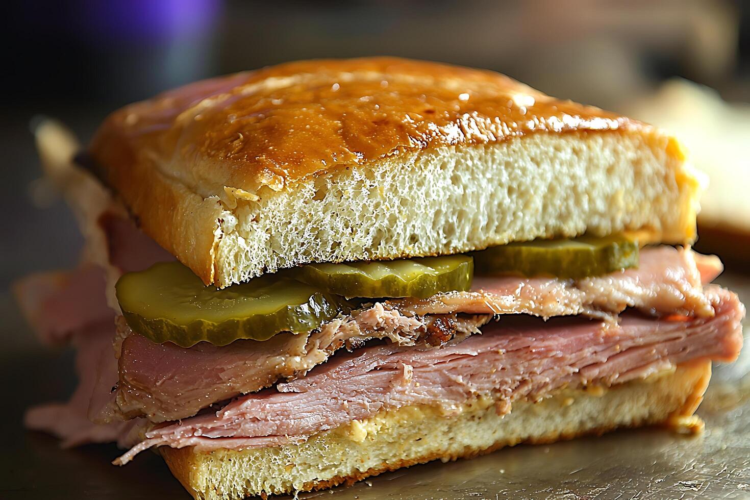Close-up of a Delicious Cuban Sandwich with Pickles. A mouthwatering image perfect for food blogs, restaurants, and culinary websites. photo