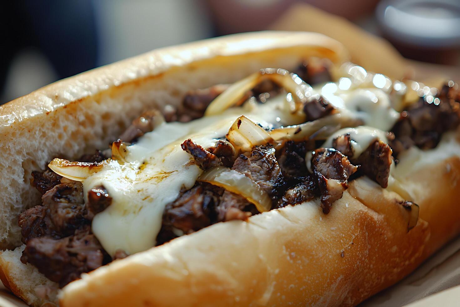 Close-up of a Delicious Philly Cheesesteak Sandwich. photo