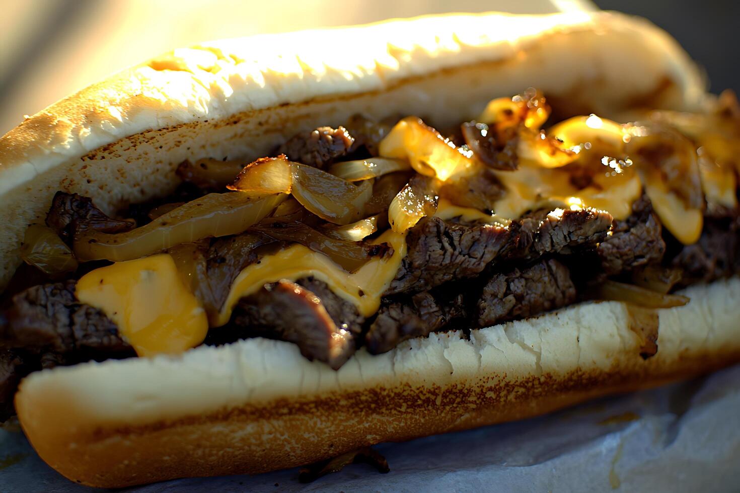 Delicious Steak and Onion Sandwich with Melted Cheese. A close-up shot of a mouthwatering steak sandwich, perfect for food blogs or restaurant menus. photo