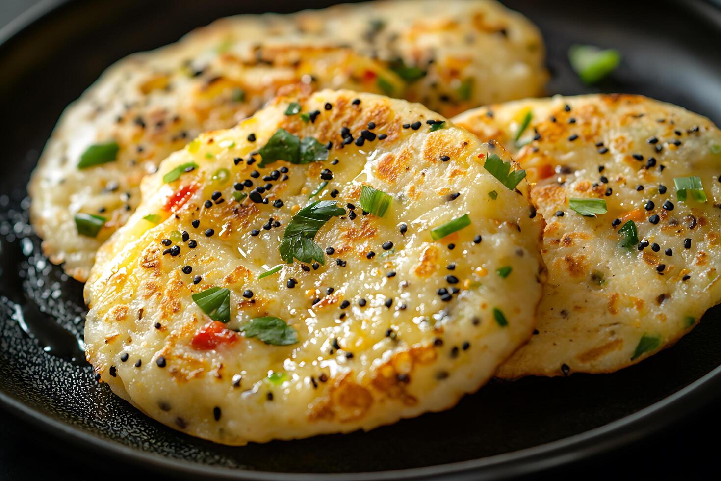 Delicious Potato Pancakes with Herbs and Spices. A close-up image of crispy, golden-brown potato pancakes, garnished with fresh herbs and black sesame seeds. photo