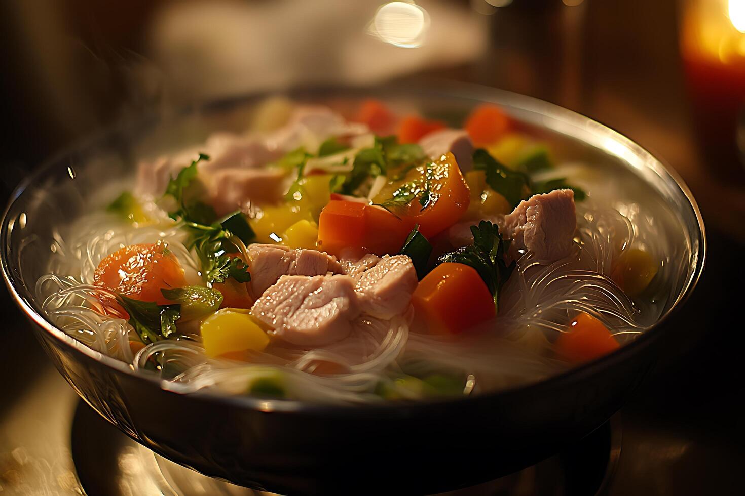 Steaming Bowl of Chicken and Vegetable Noodle Soup. A close-up image of a delicious and healthy Asian-inspired noodle soup. photo
