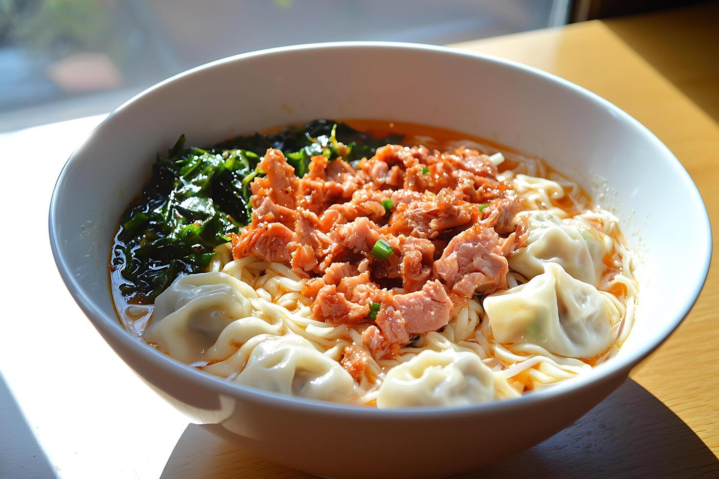 Delicious Asian Noodle Soup with Pork and Dumplings. A close-up photo showcasing a flavorful bowl of noodles, dumplings, pork, and greens.