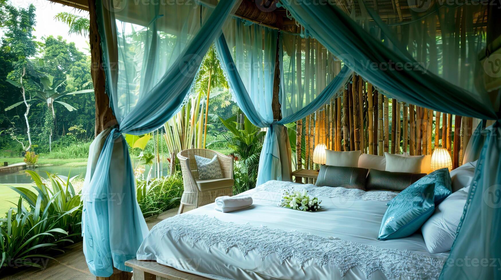 A bed with blue drapes and pillows photo