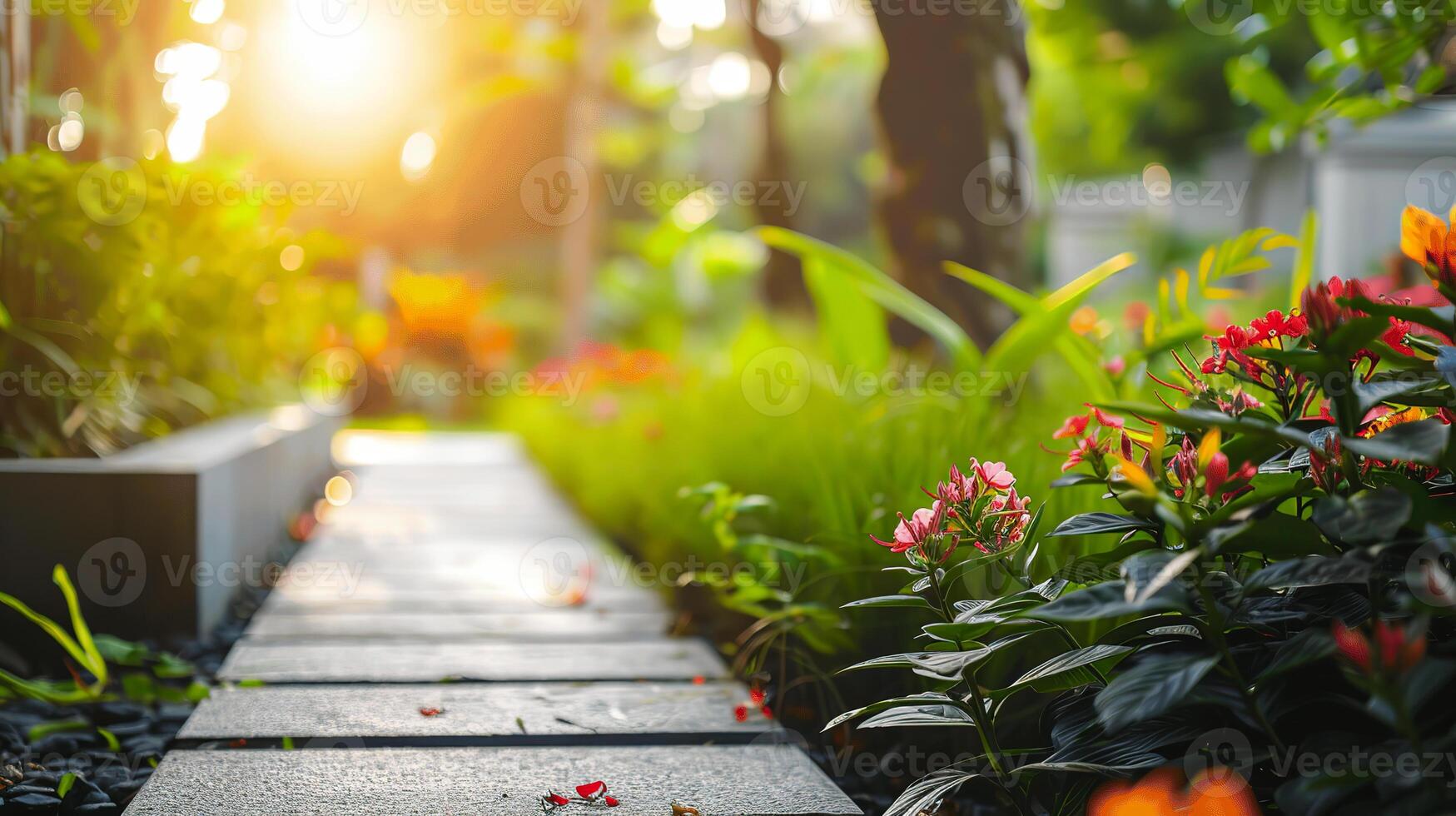 Sunlit garden pathway with vibrant flowers and lush greenery, creating a serene and refreshing outdoor environment in the morning light. photo