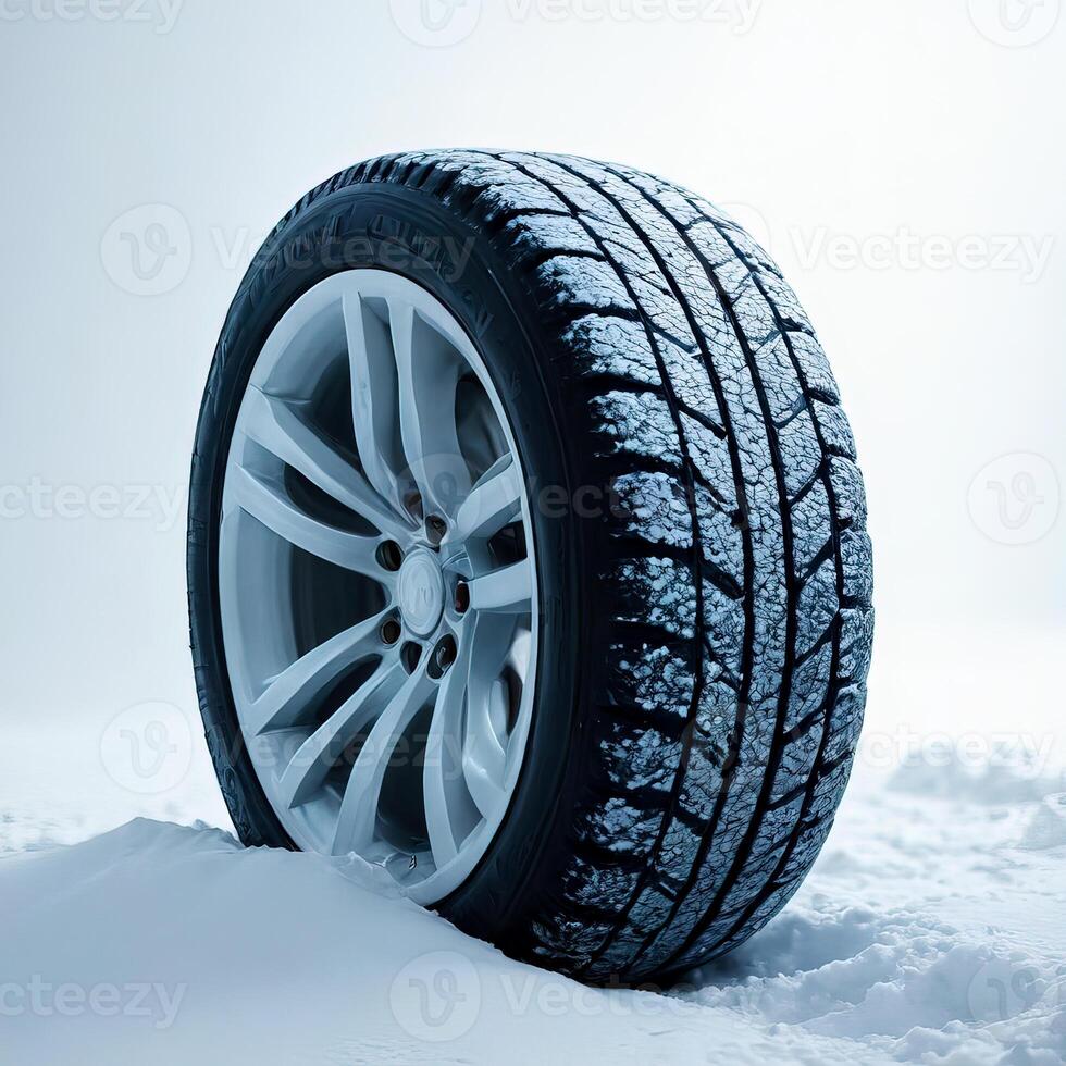 Winter Tire on Snowy Surface with Frosty Background for Auto Use photo
